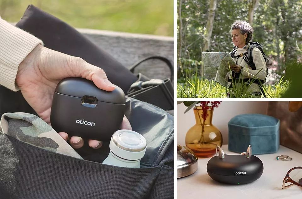 Oticon More hearing aid in portable and stationary charging case.