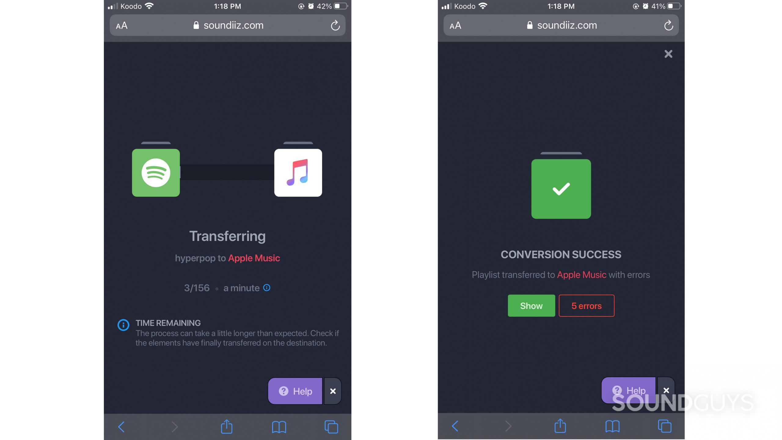 The last two steps of using Soundiiz, showing the progress bar and successful conversion page.