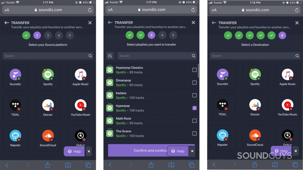 The first three steps of using Soundiiz, showing the source selector, playlist selector, and destination selector to illustrate how to transfer Tidal playlists to another app.