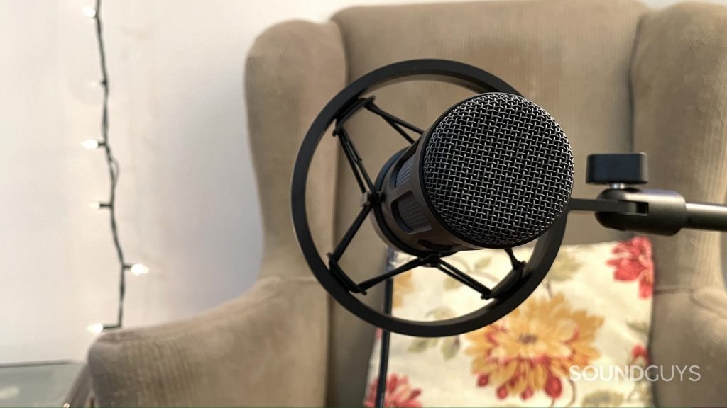 beyerdynamic M70 Pro X on a microphone stand zoomed into the top of the mic.