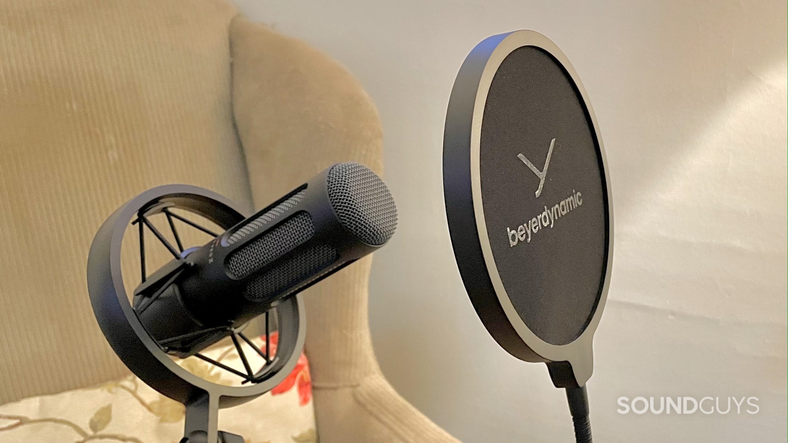 beyerdynamic M70 Pro X in its shock mount with its pop filter.