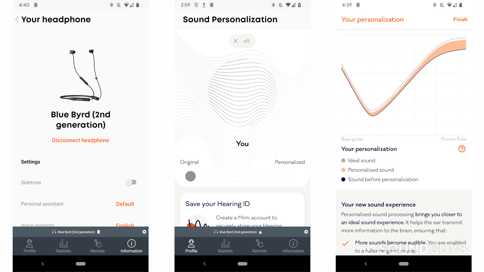 A screen shot of the MIY beyerdynamic Android app showing that the beyerdynamic Blue Byrd 2 is connected in three images from left to right. These are: the "Information" tab showing the currently connected model and some configuration options, the home screen showing that personalzied sound is off, and the results of the personalized Hearing ID sound test.