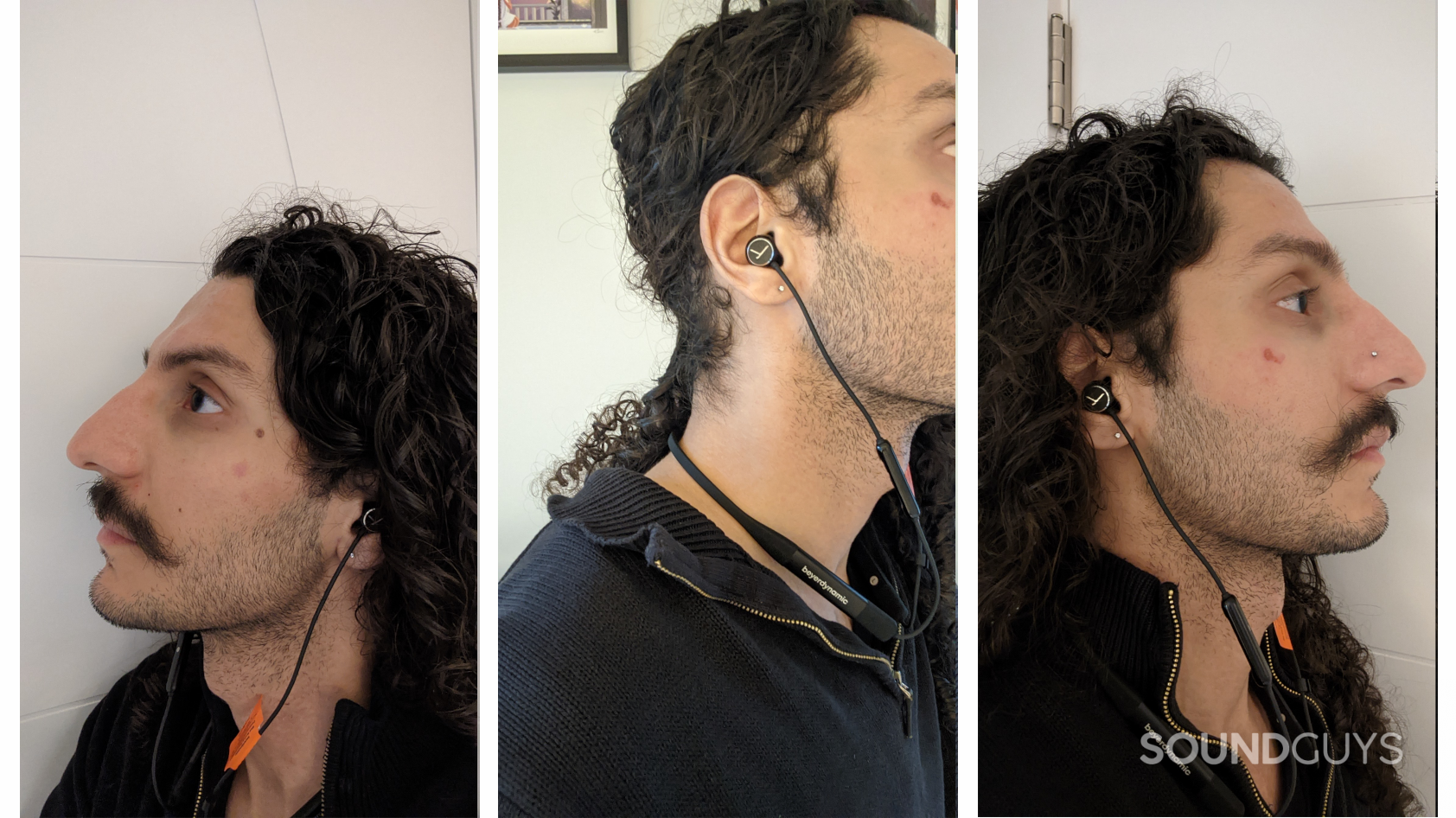 Three images of the beyerdynamic Blue Byrd (2nd generation) being worn. From left to right the images are of the left bud in a person's ear, the band draped around a person's neck, and the right bud in a person's ear.