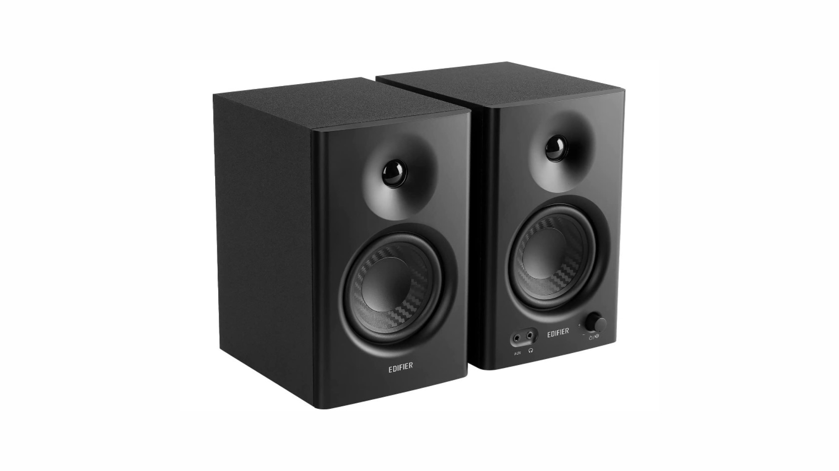 Product shot of Edifier MR4 monitors in black.