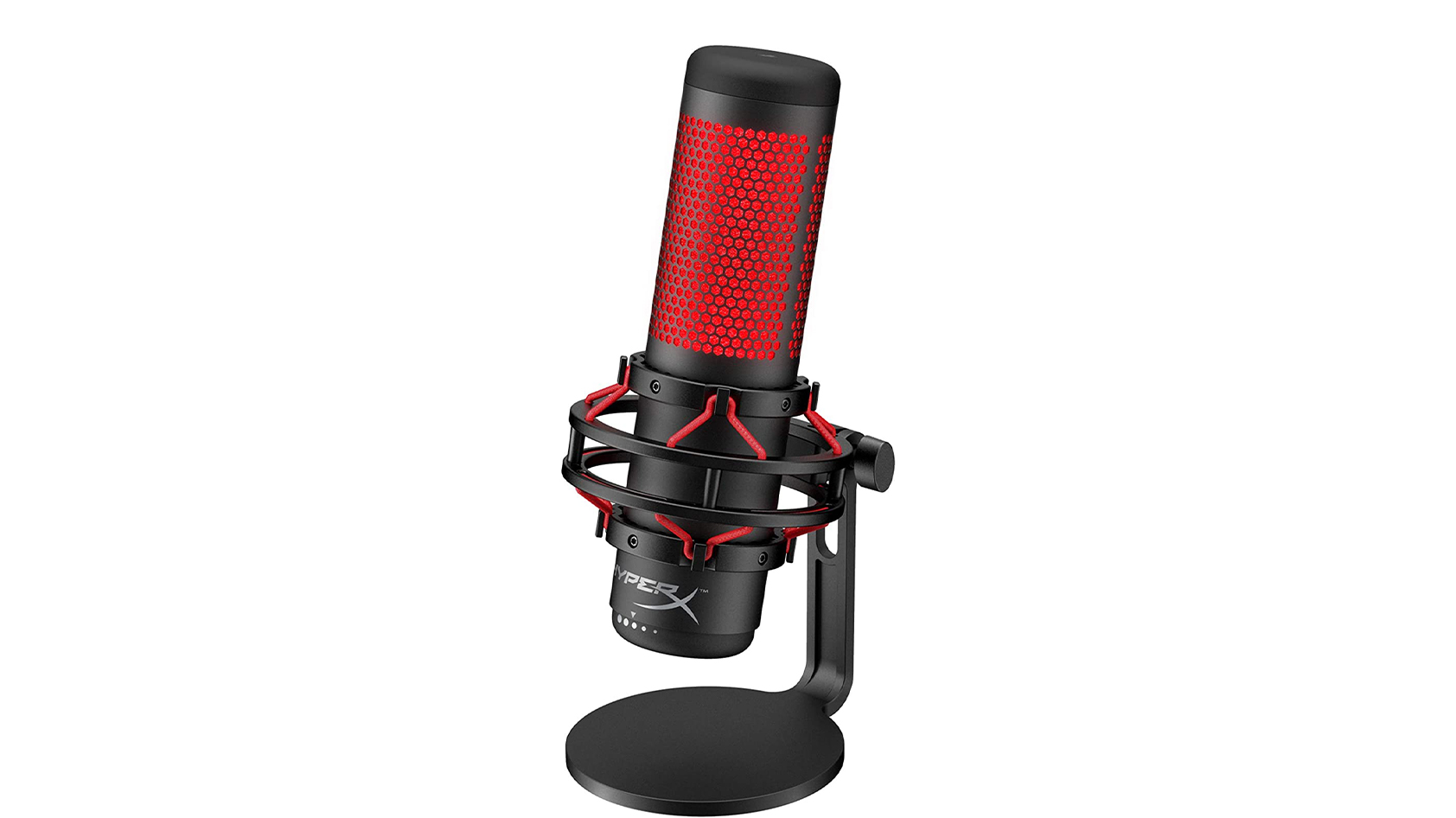 The HyperX QuadCast gaming microphone against a white background.