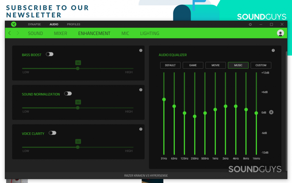 A screenshot of the Razer Synapse software showing the EQ features