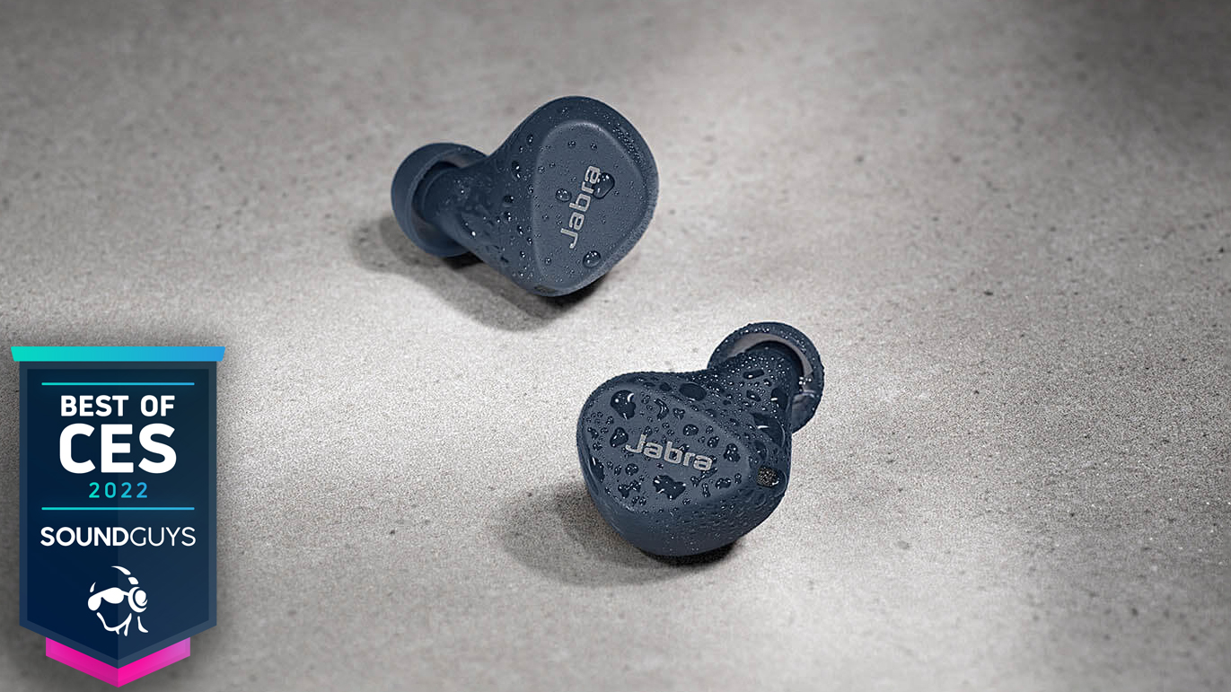 The Jabra Elite 4 Active with moisture on the surface.