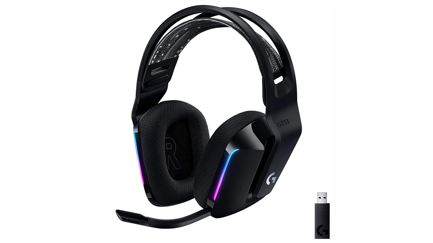 A product image of the Logitech G733 Lightspeed gaming headset in black against a white background.