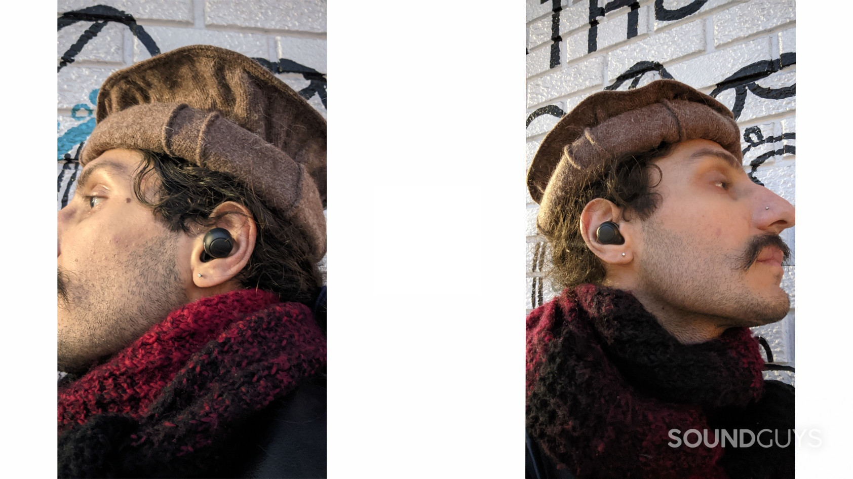 Two images with the left one showing the left Sony WF-C500 being worn in a person's ear and the right one showing the same for the right earbud.