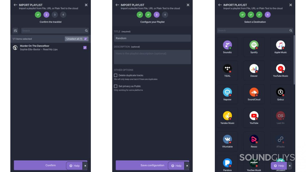 Screenshots showing the migration process from Amazon Music to Apple Music using Soundiiz. From left to right is the playlist selection screen, the migration options screen, and the destination selection screen.