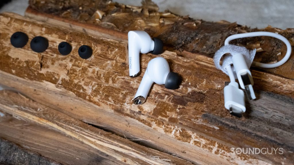 The earbuds and two extra sets of ear tips alongside included USB-C cable included with the Denon AH-C830CNW rest on a piece of rough wood.