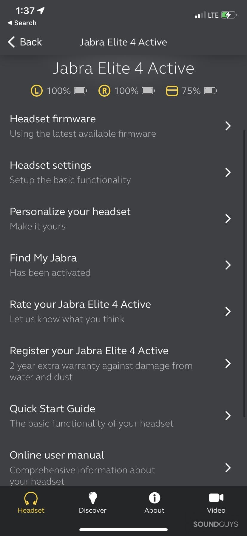 Screenshot of Jabra Elite 4 Active Sound+ app settings.