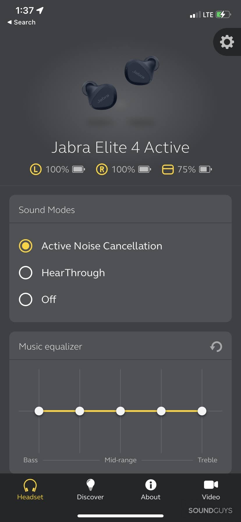 Screenshot of the Jabra Elite 4 Active Sound+ app homescreen with options to change EQ and listening mode.