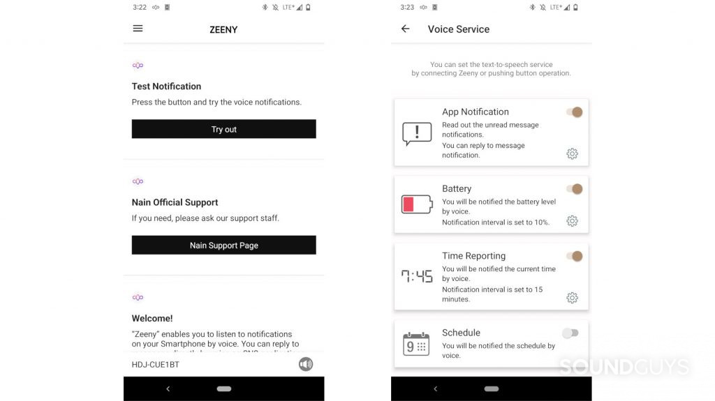 The Zeeny app shown in two screenshots from left to right displaying the home screen and next to that some notifications settings.