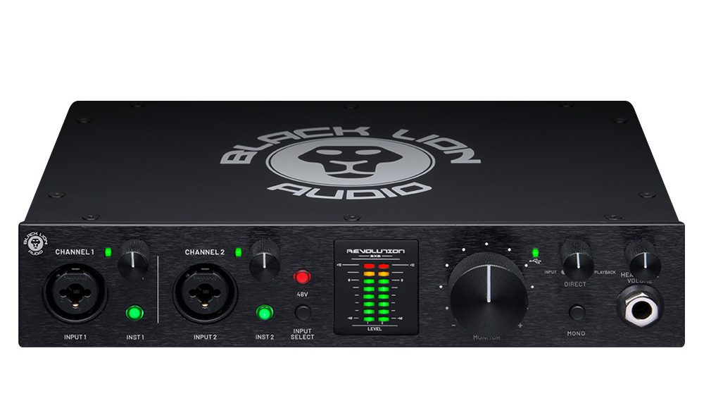 A product shot of the Black Lion Audio Revolution 2x2 USB audio interface on a white background.