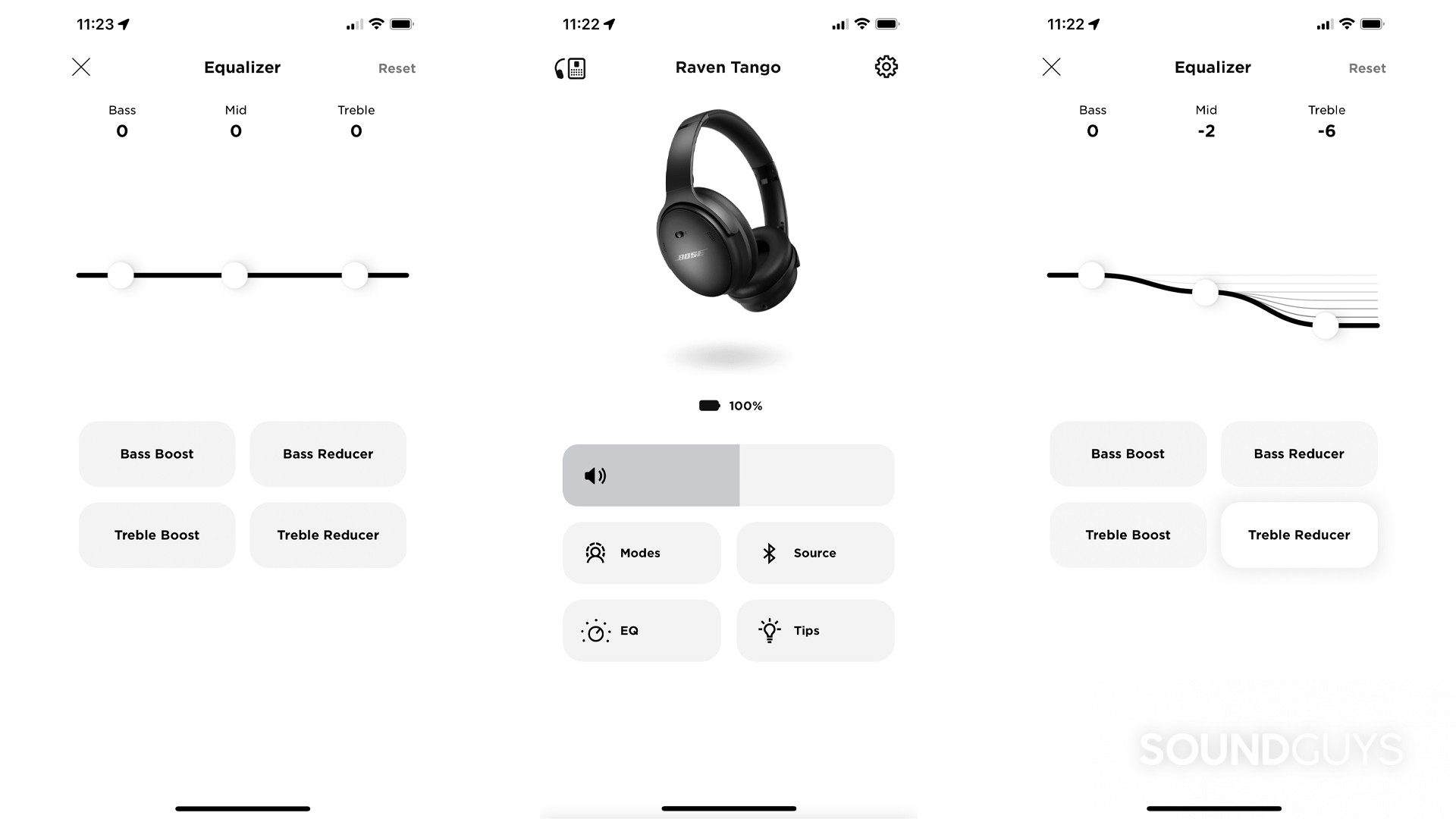 Three screenshots of the February 2022 update of the Bose Music app with the Bose QuietComfort 45 connected showing from left to right a neutral EQ, the home screen with a new EQ button visible, and the EQ with Treble Reducer activated.