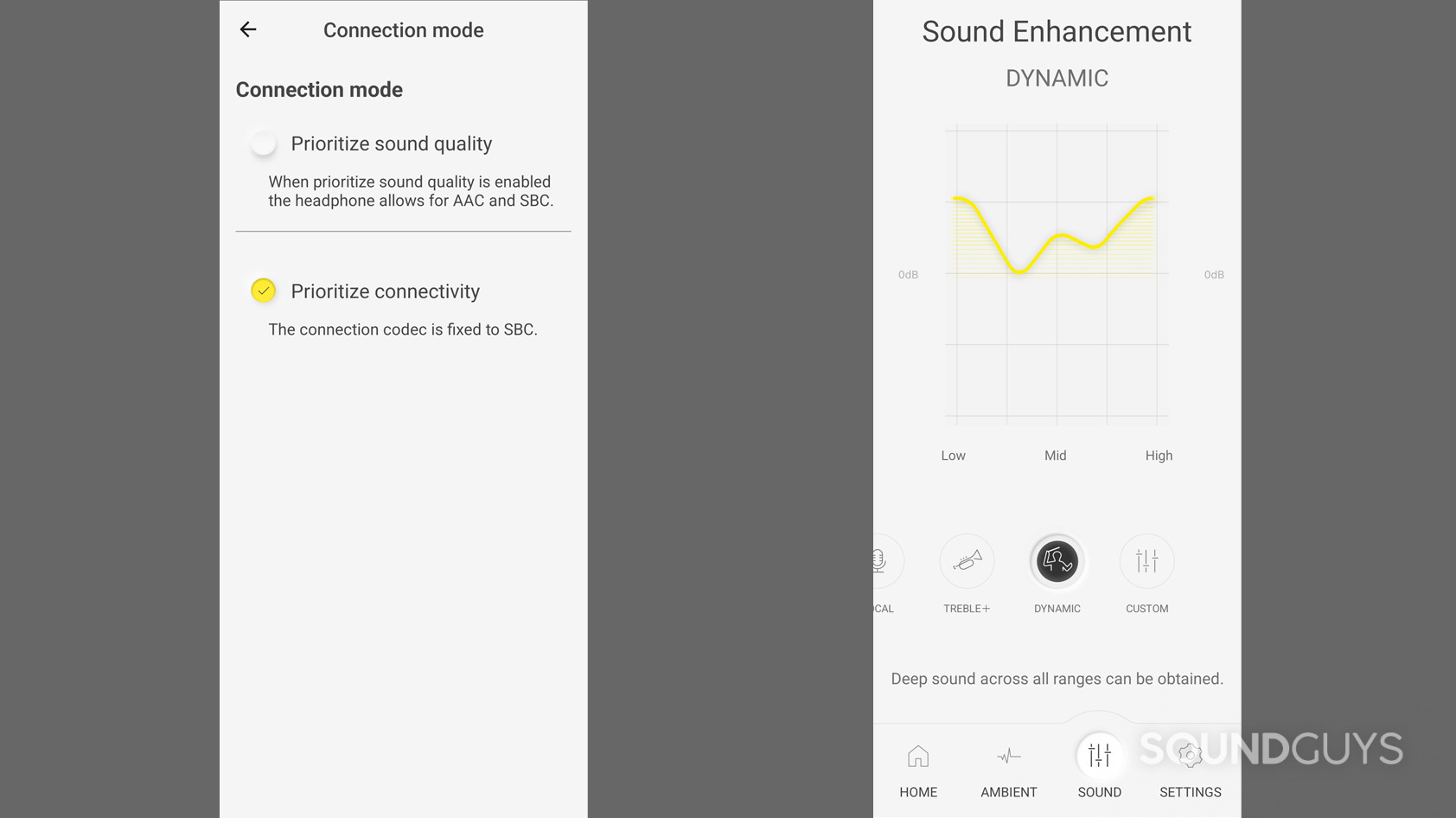 Two screenshots of the Audio Connect app show the codec selection and EQ settings for the Technics EAH-AZ40.