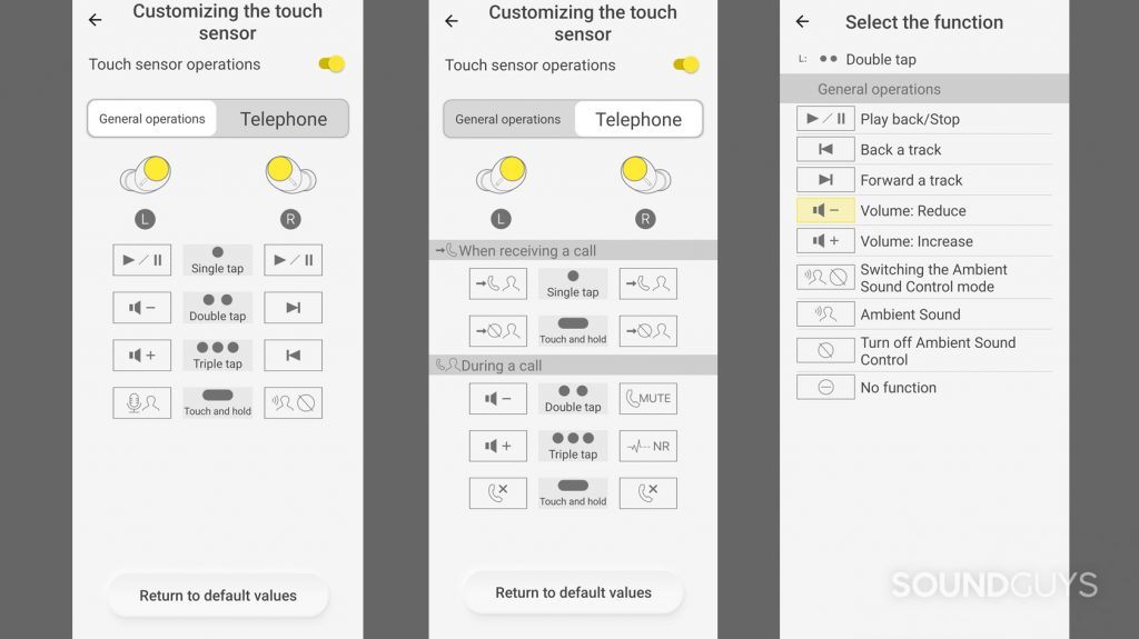 Three screenshots of the Technics Audio Connect app for Technics EAH-AZ40 showing the chart of controls.