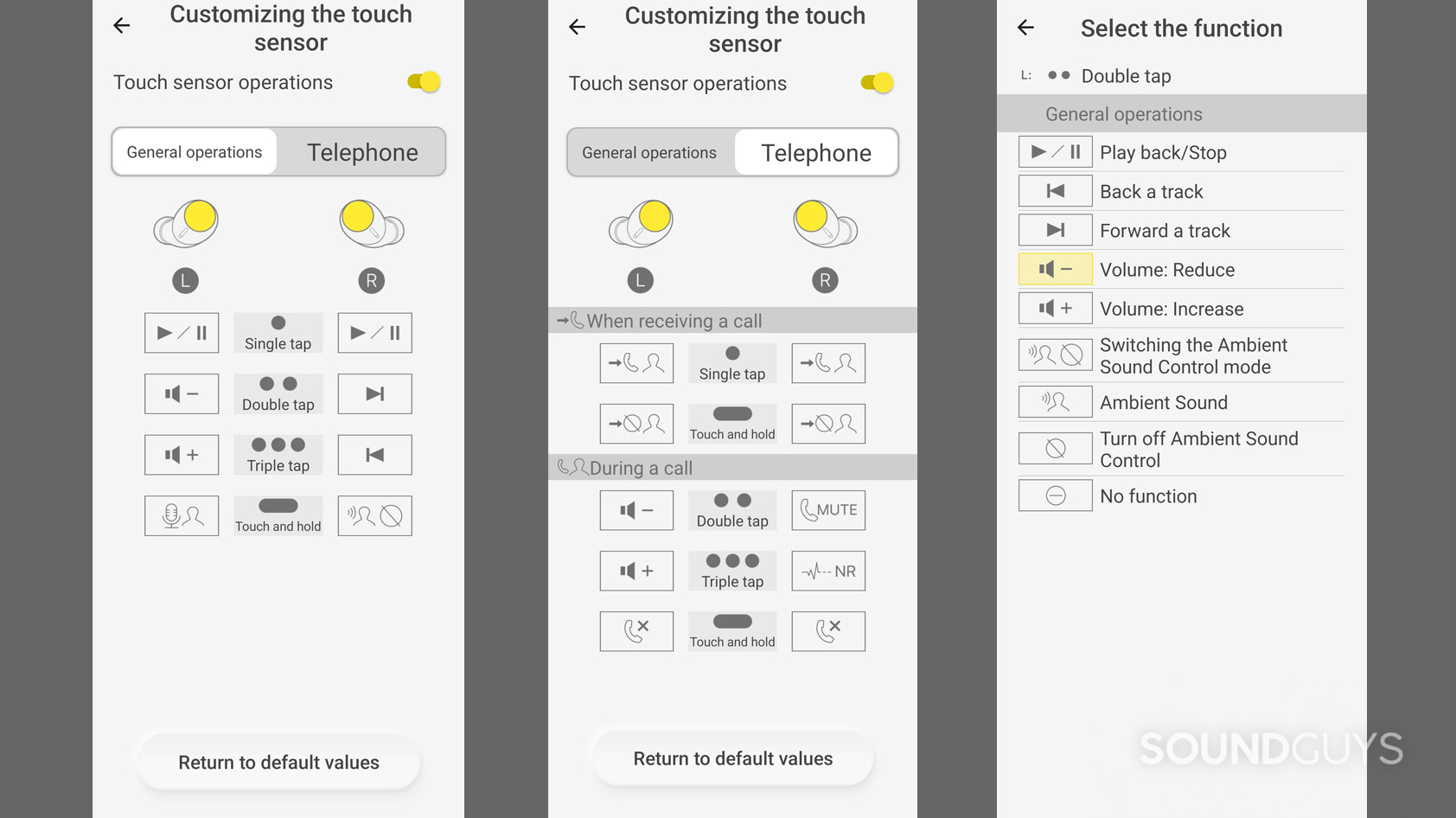 Three screenshots of the Technics Audio Connect app for Technics EAH-AZ40 showing the chart of controls.