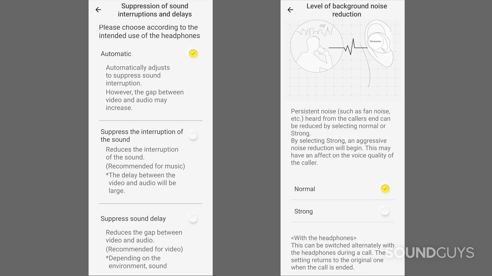 Two screenshots of the Audio Connect app for Technics EAH-AZ40 showing the microphone settings in the app.