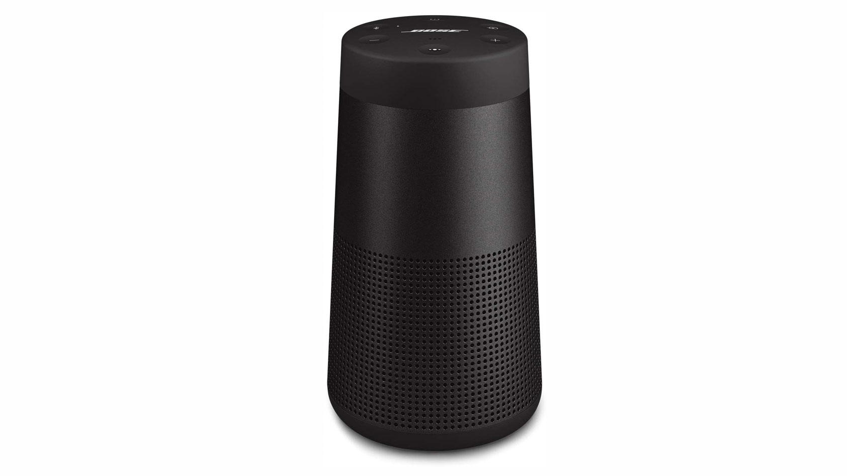 Bose-soundlink-revolve-black-bluetooth-speaker The Bose SoundLink Revolve Bluetooth speaker in black against a white background.