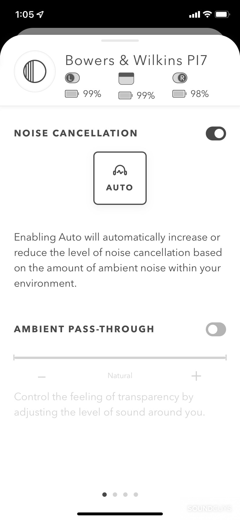 Bowers and Wilkins app connected to PI7 earbuds with toggles for noise canceling and transparency mode.