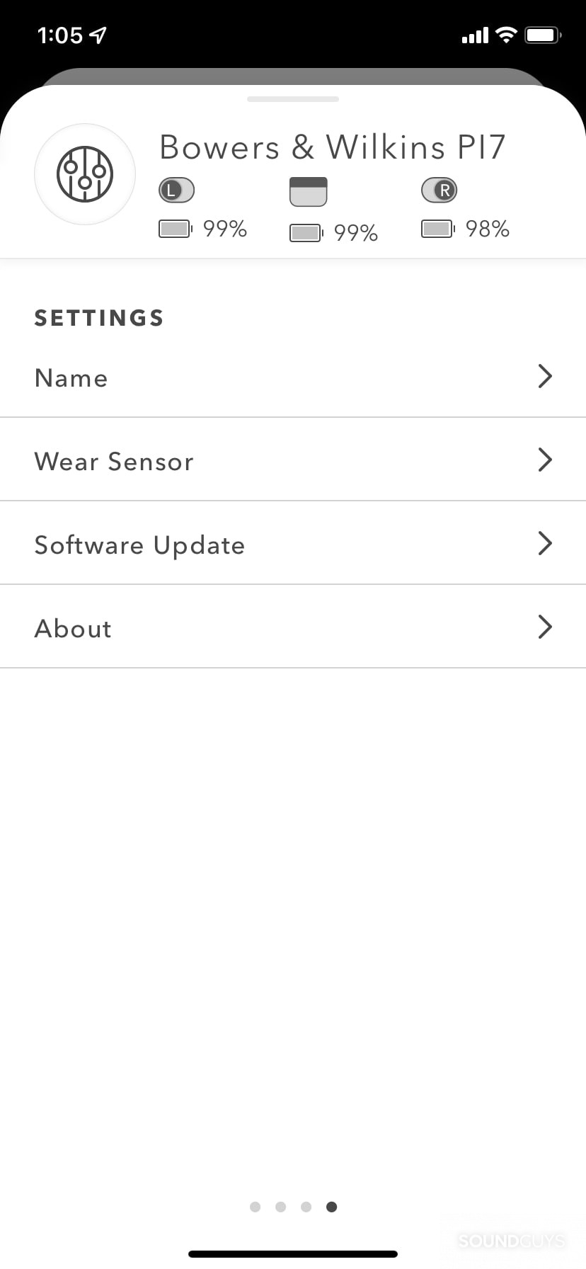 Bowers and Wilkins app showing options for software update and wear sensor.