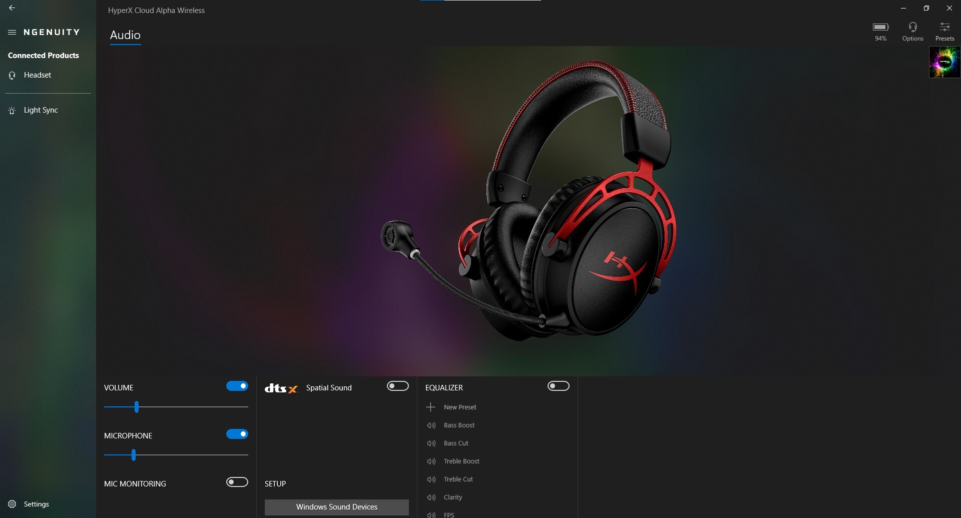 A screenshot for the HyperX NGenuity software.
