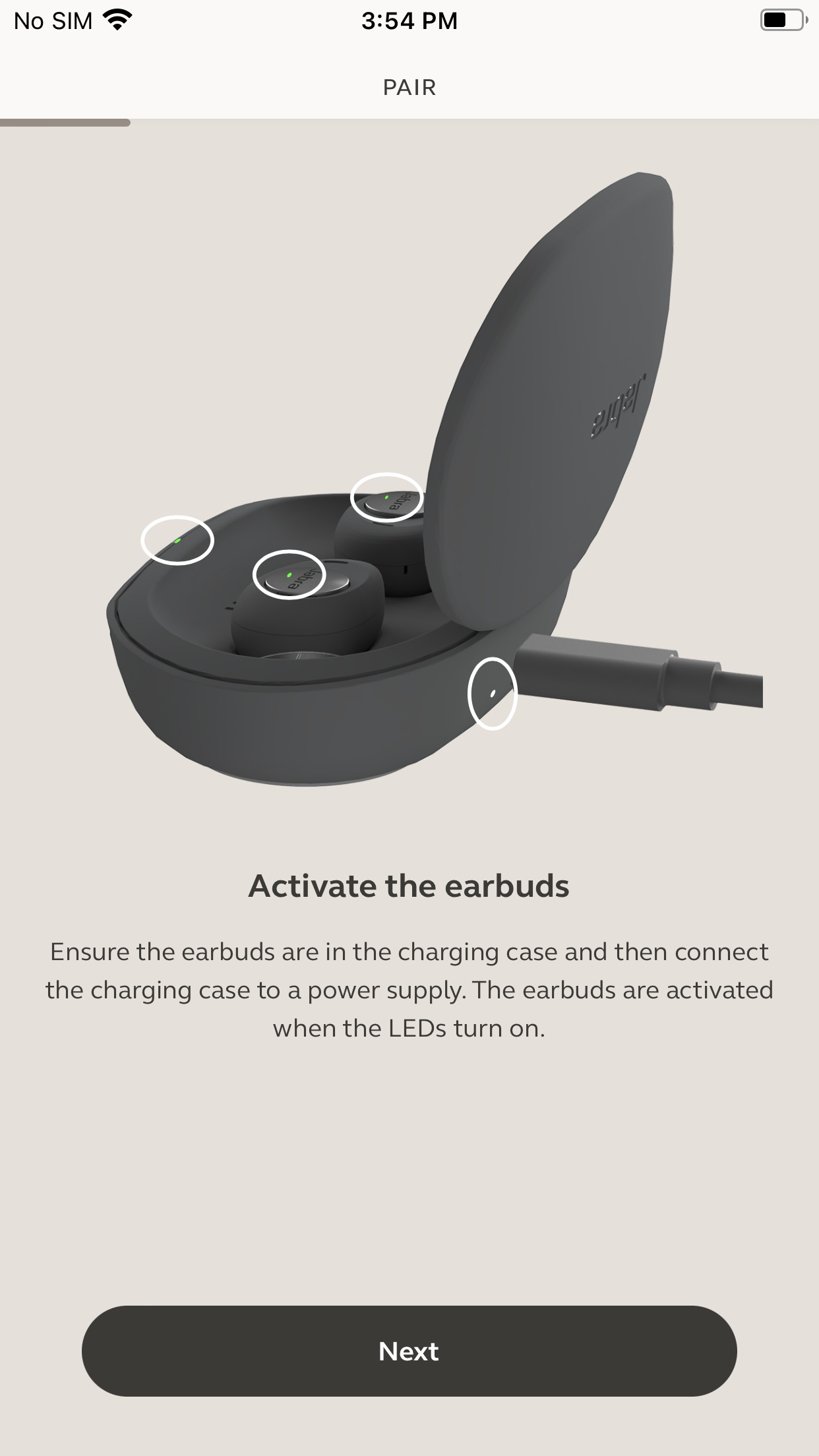 Instructions in the Jabra Enhance app for activating the Jabra Enhance Plus earbuds.