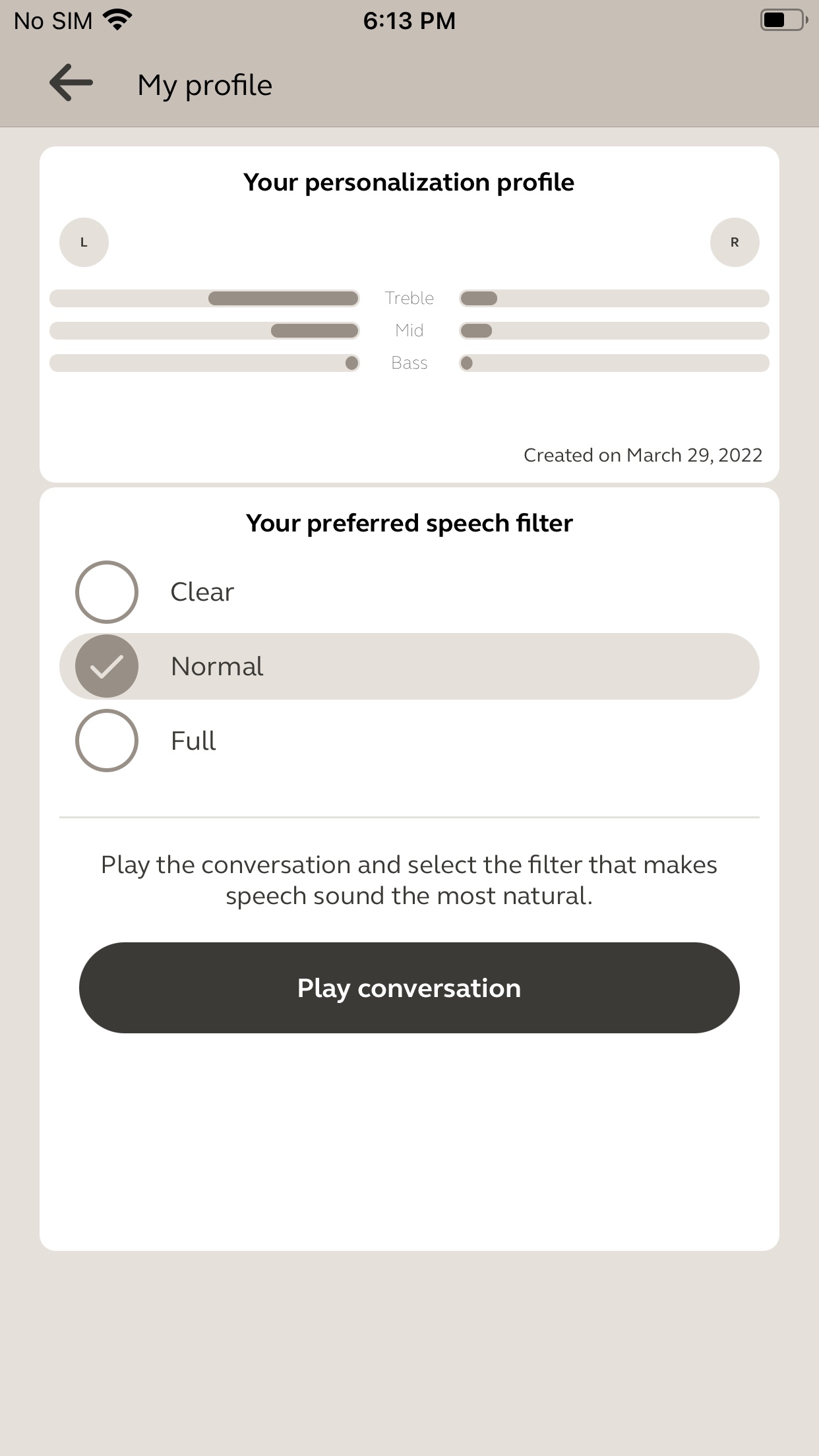 User's personalization profile in the Jabra Enhance app for the Jabra Enhance Plus OTC hearables.