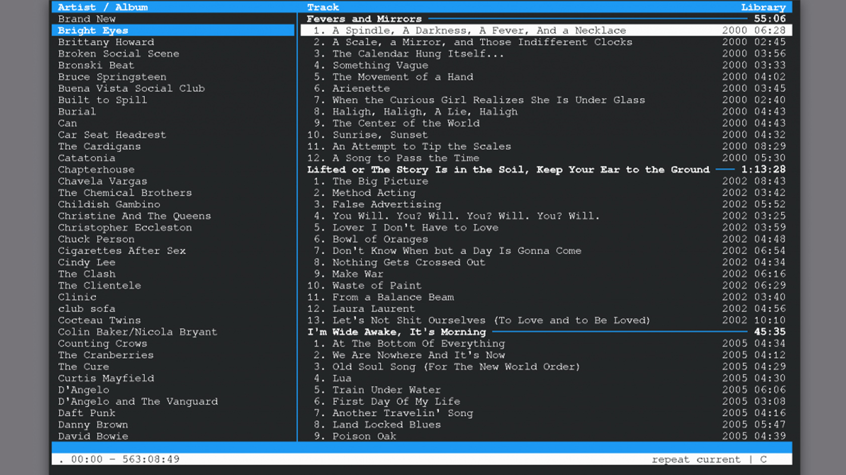 cmus running in a terminal showing several albums by Bright Eyes.