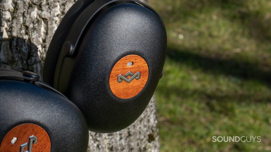 House of Marley Positive Vibration XL ANC up close showing the aluminum and wood ear cups.