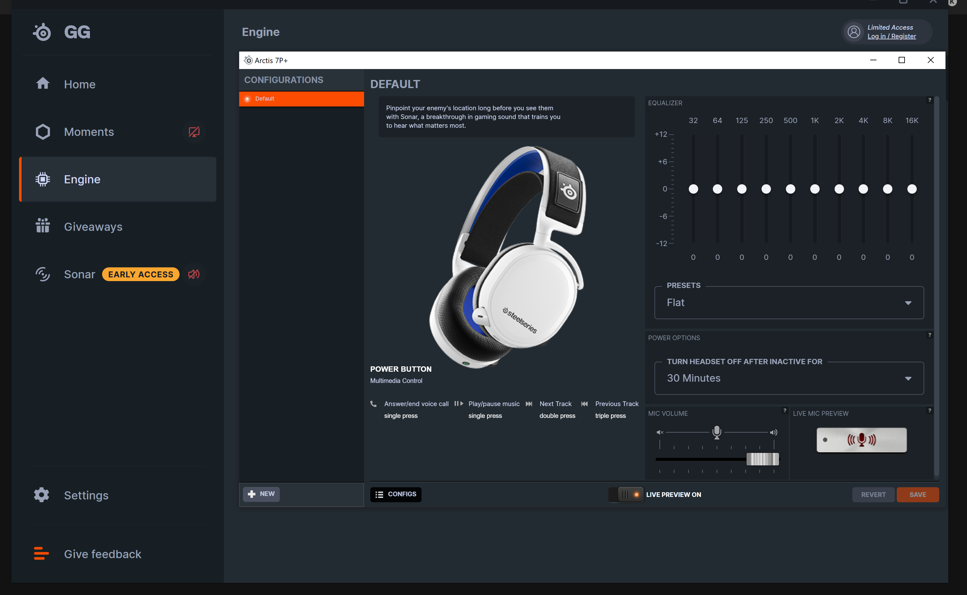 The SteelSeries GG software displaying the 7P+ Wireless Headset