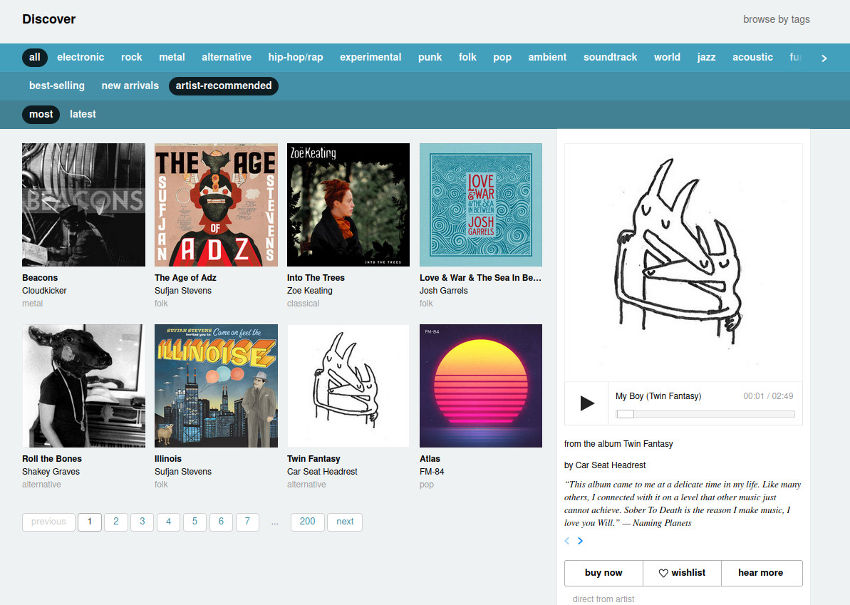Bandcamp's Discover section showcasing several different albums for sale.