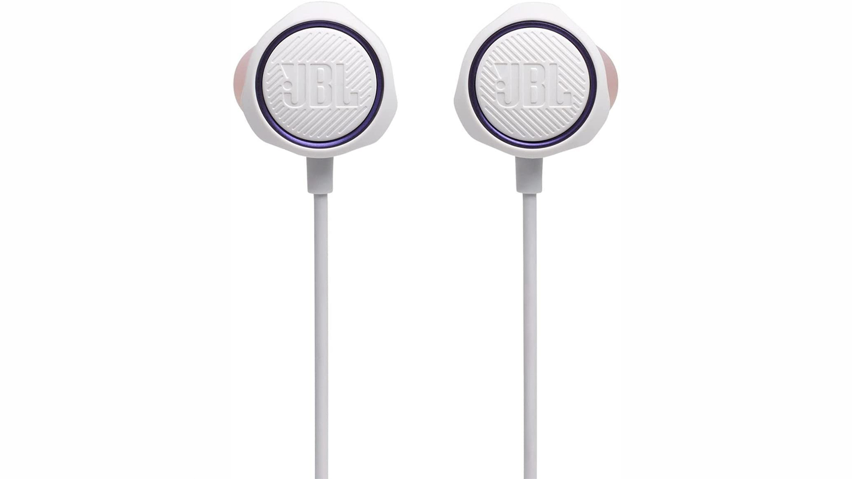 The JBL Quantum 50 wired earbuds in white against a white background.