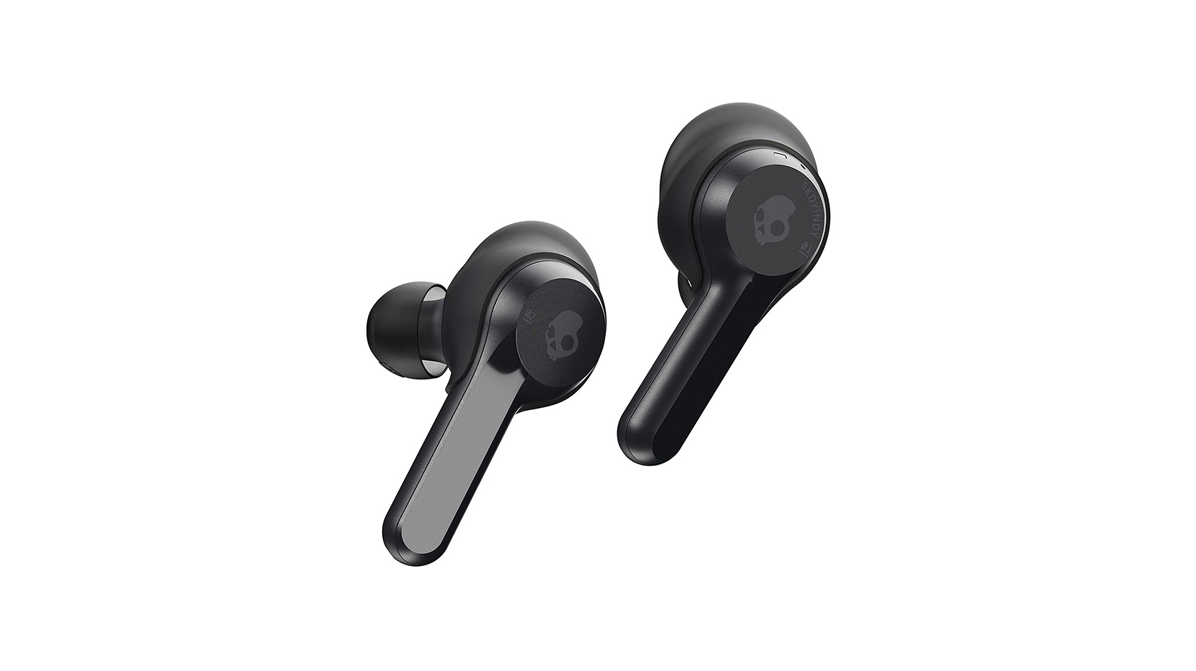 skullcandy indy true wireless product image The Skullcandy Indy true wireless earbuds in black against a white background.