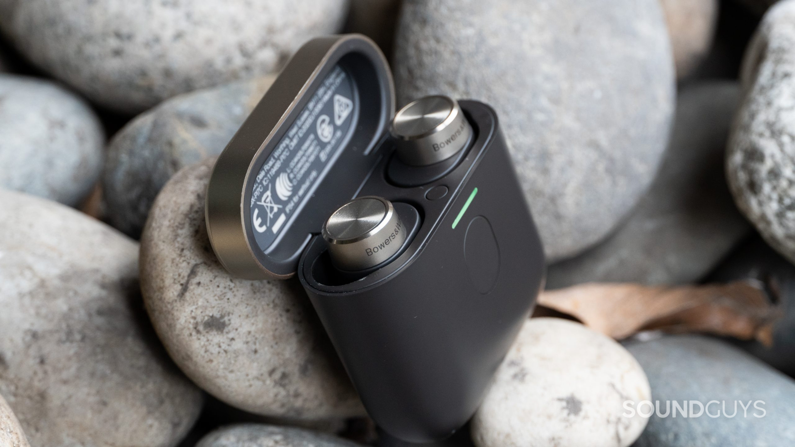 Bowers and Wilkins PI7 earbuds in case resting against rocks.