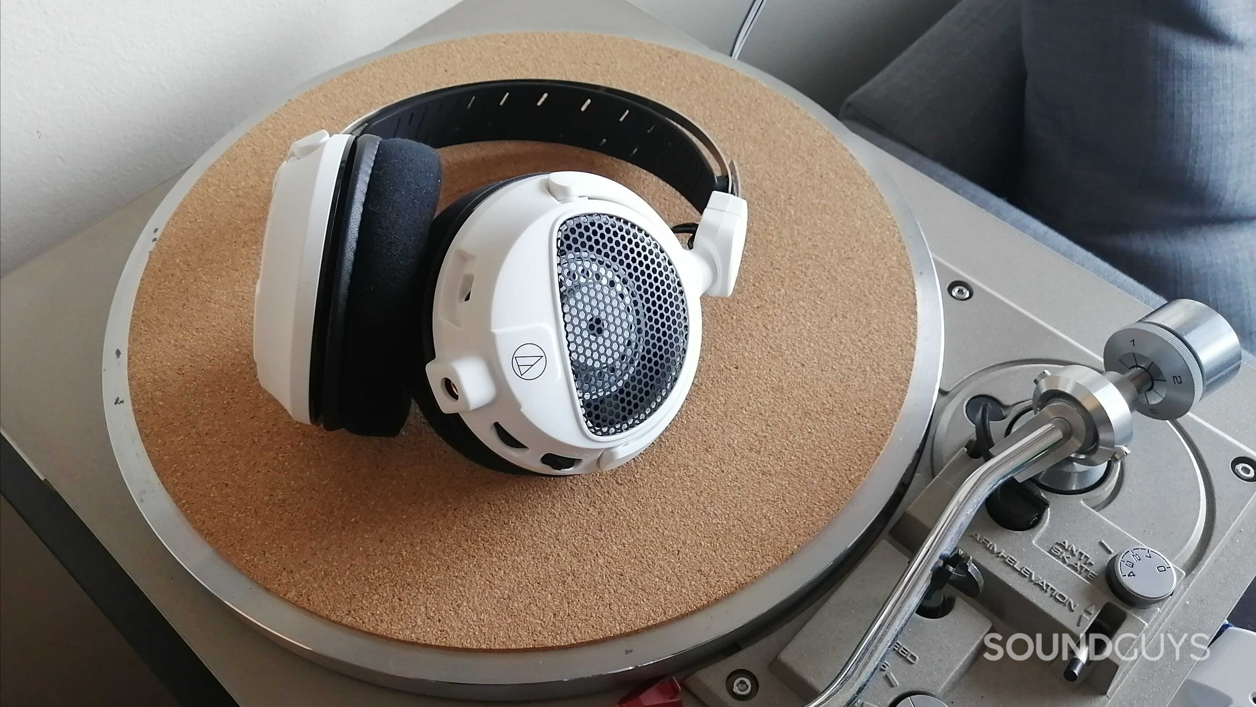The Audio-Technica ATH-GDL3 sitting on top of a turntable platter.