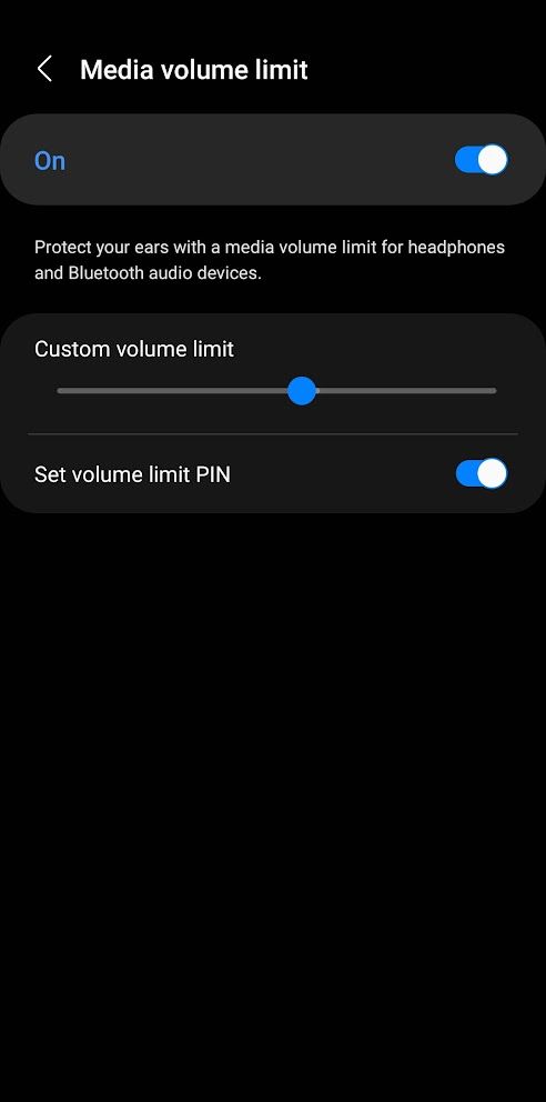 The Media volume limit screen on a Samsung phone with the feature enabled and a PIN set.