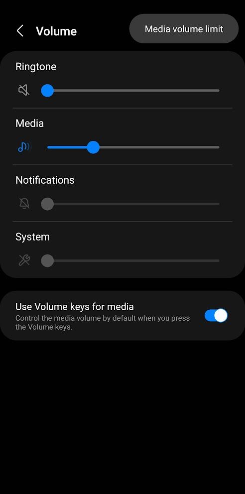 The Samsung Volume settings with the three-button menu in the top-right expanded, showing the Media volume limit option.