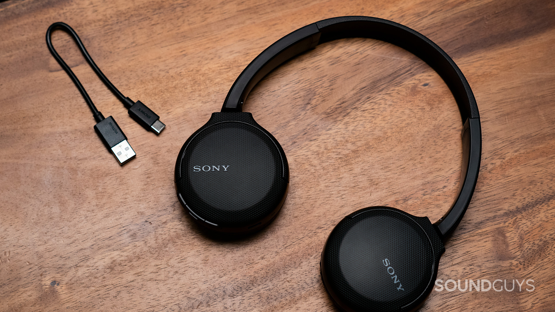 The Sony WH-CH510 wireless on-ear headphones with the USB-C charging cable.