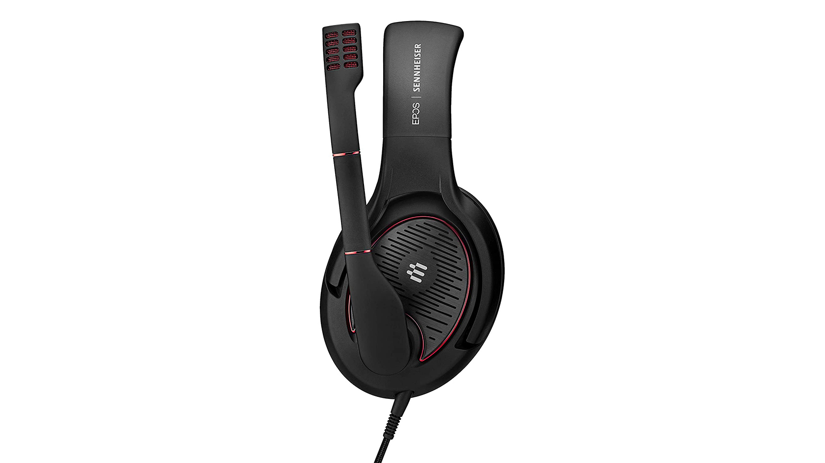 The Sennheiser GAME ONE gaming headset in black/red against a white background.