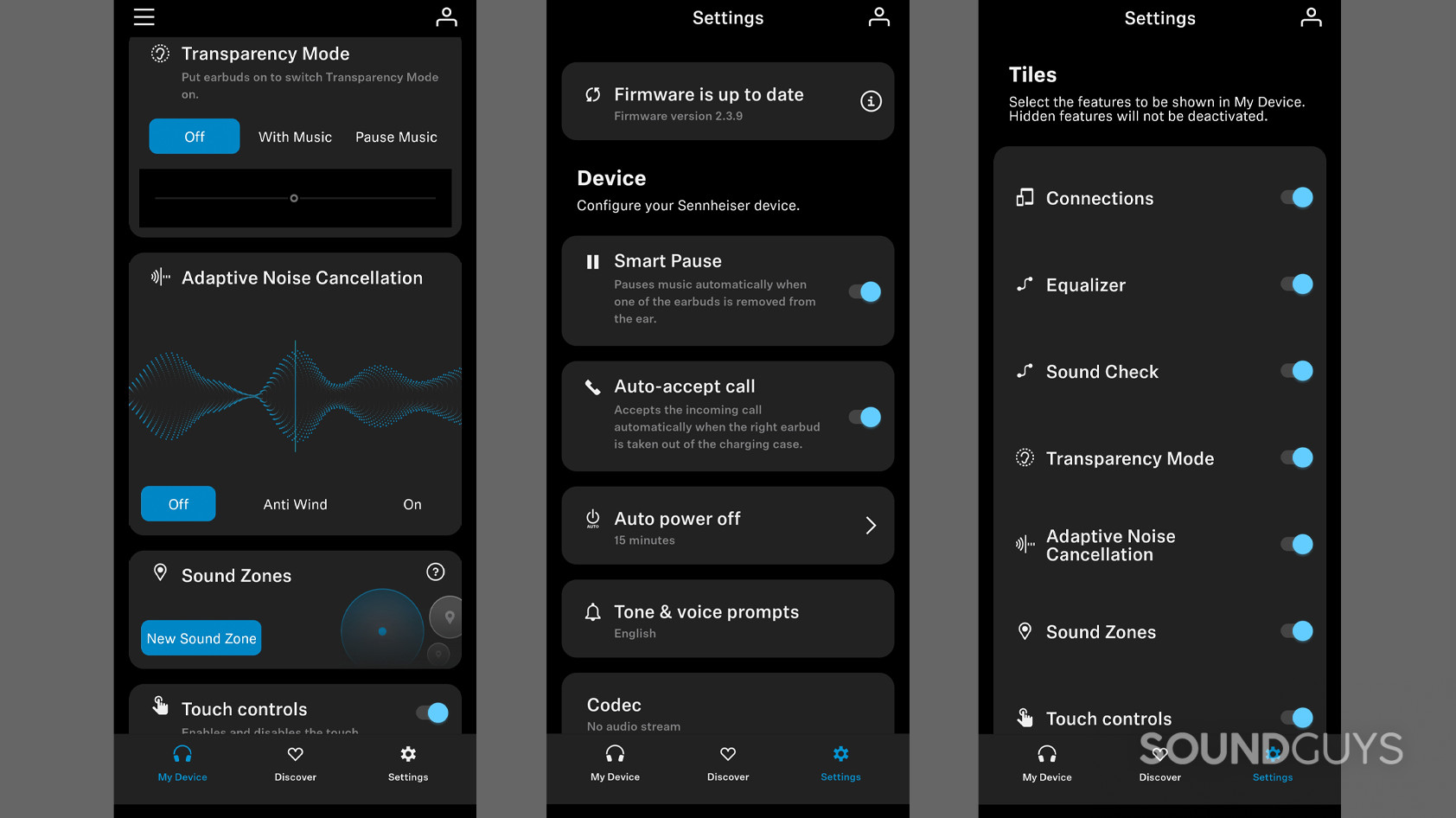 Three screenshots of the Smart Control app show the main menu, user settings for organization, and updates.