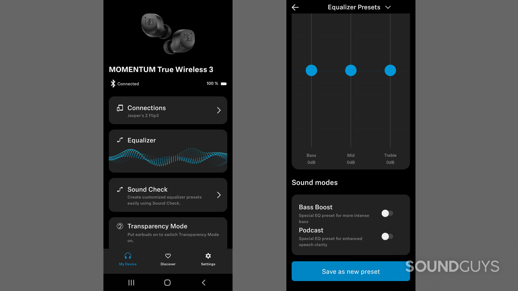 Image shows the main menu and equalizer in the Smart Control app with the Sennheiser MOMENTUM True Wireless 3.