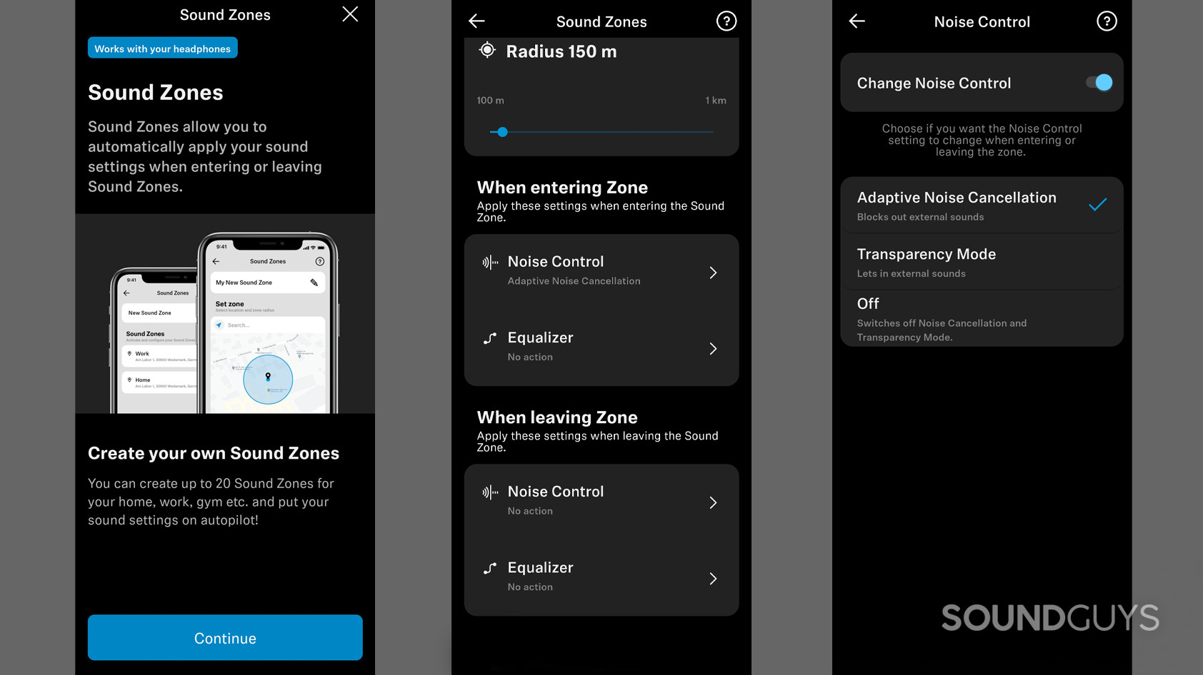 Three screenshots of the Sennheiser Smart Control app included with Sennheiser MOMENTUM True Wireless 3 of the Sound Zones feature.