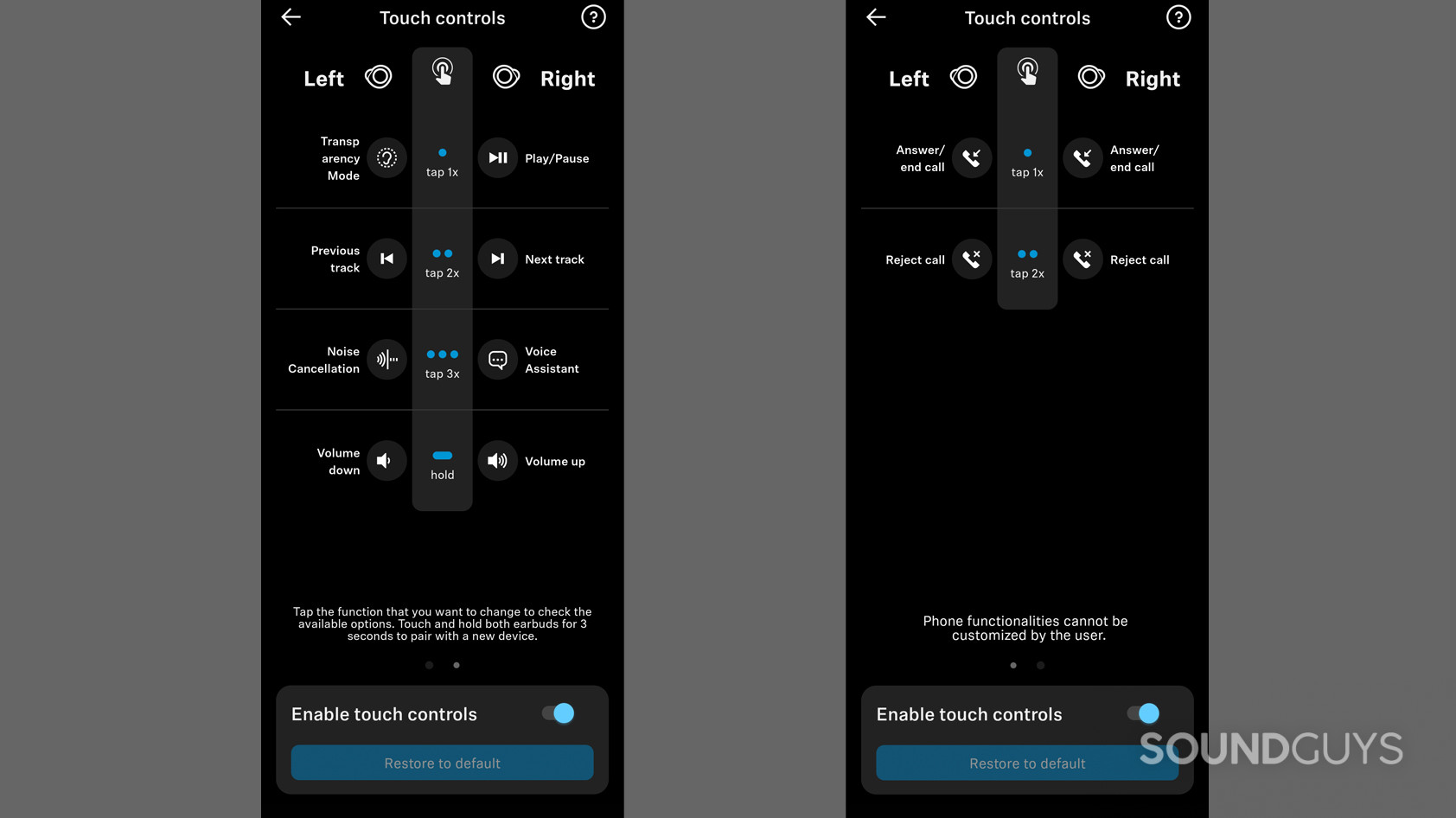 Two screenshots show the default controls for the Sennheiser MOMENTUM True Wireless 3.