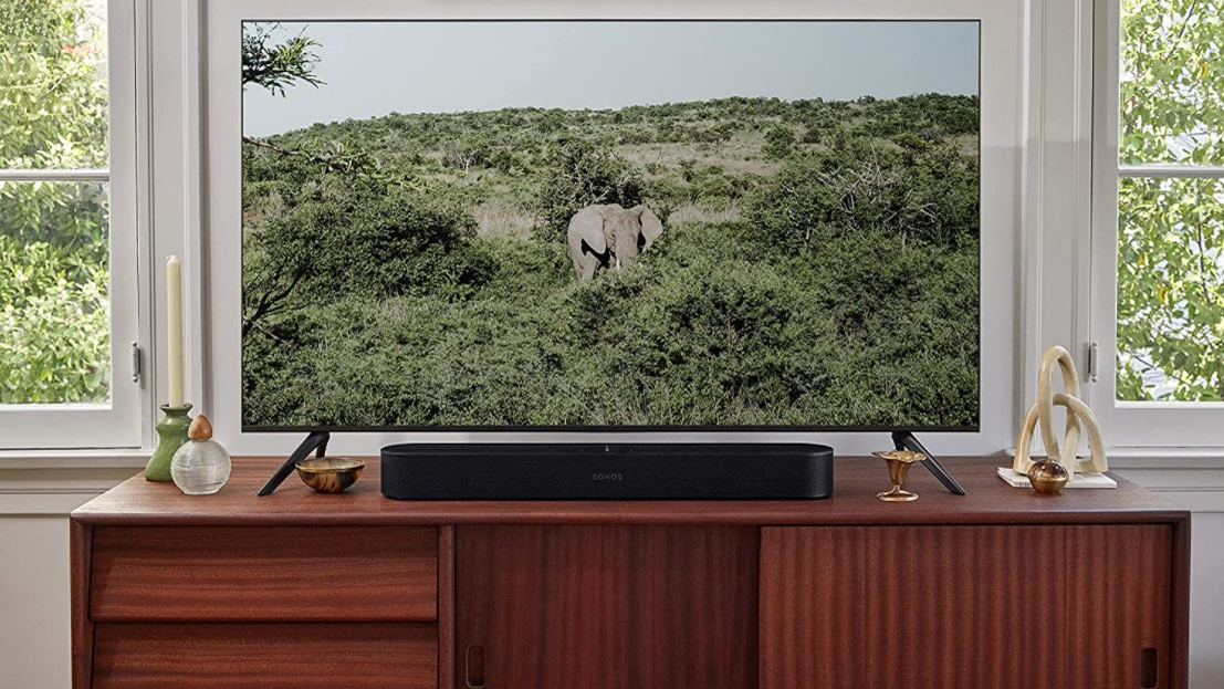 Image shows Sonos Beam (Gen 2) sitting under a TV.