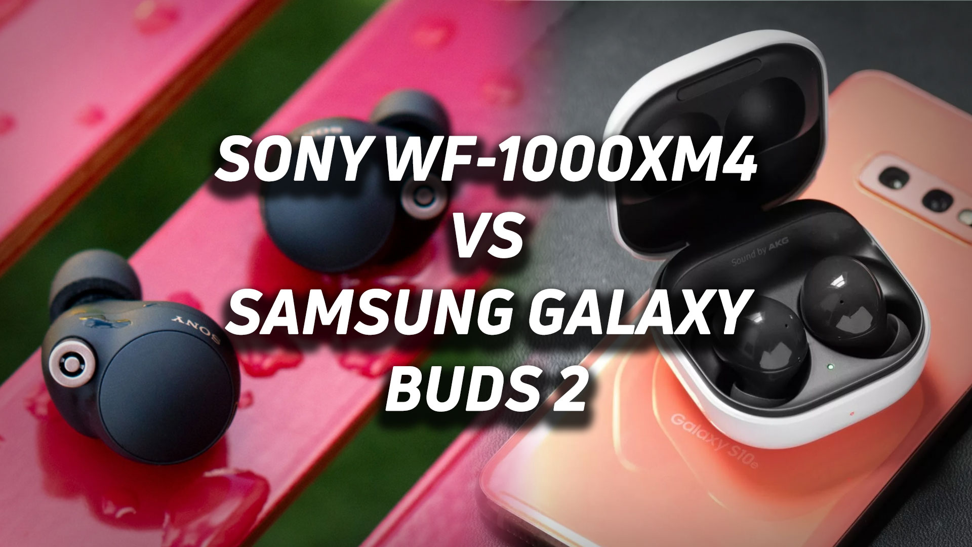 A blended image of the Sony WF-1000XM4 and Samsung Galaxy Buds 2 with versus text overlaid.