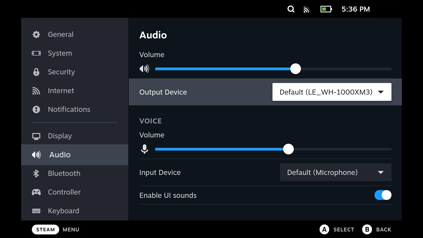 The Steam Deck's audio options menu showing the Sony WH-1000XM3 headset selected.
