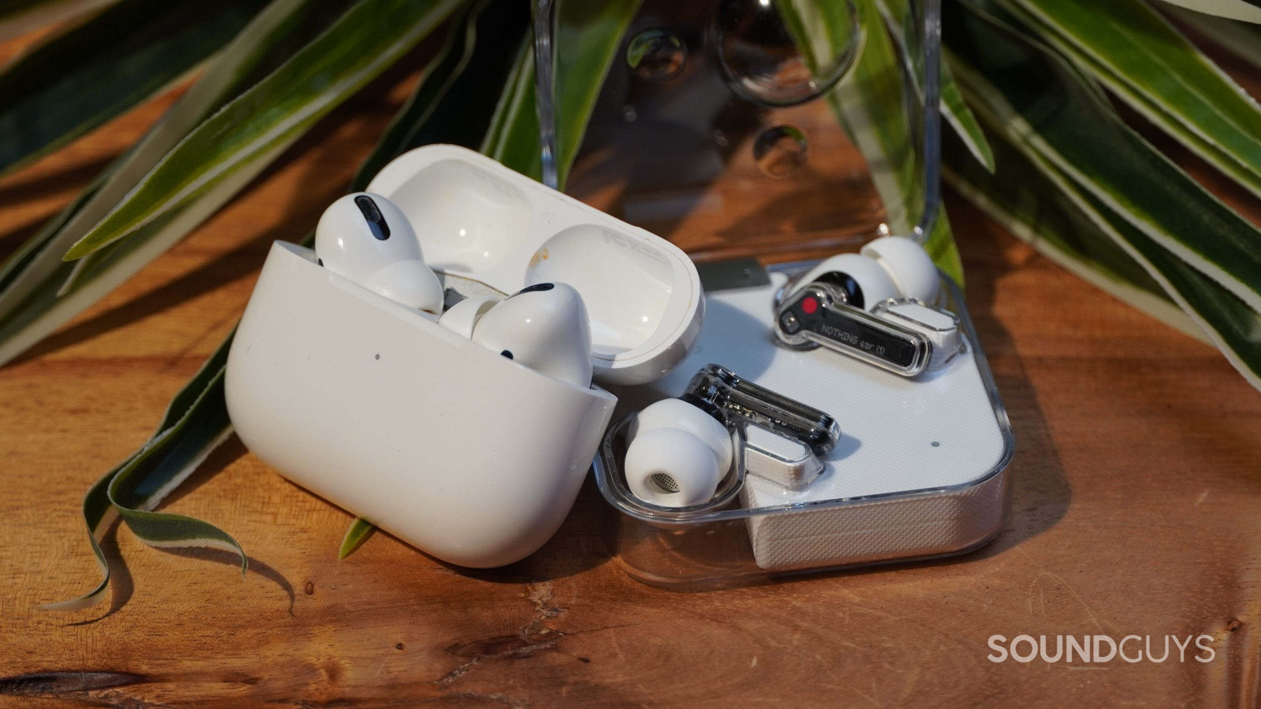 Apple AirPods Pro leaning against Nothing Ear 1 on a table with a plant